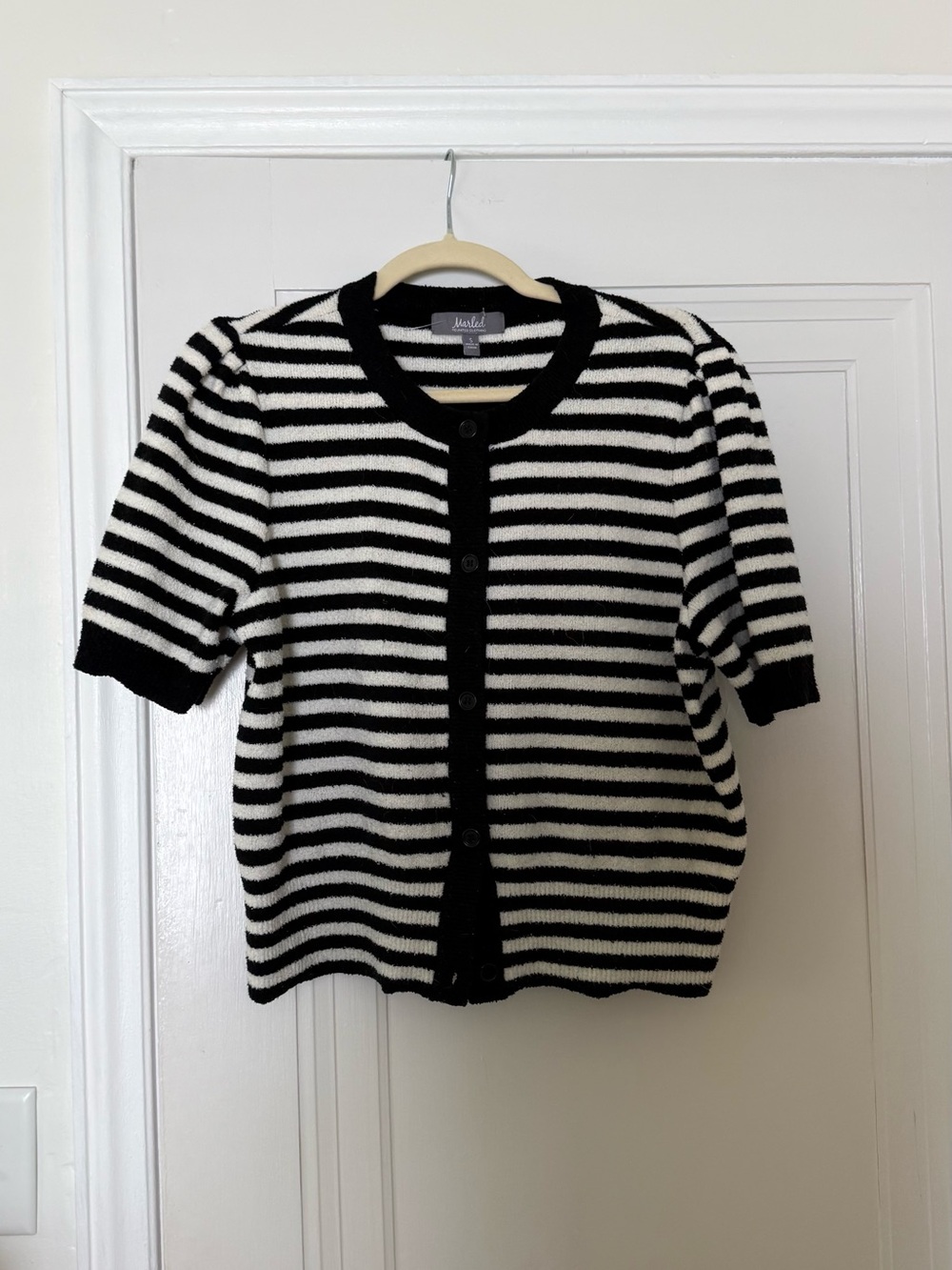 Marled Black and White Striped Button-Front Cardigan